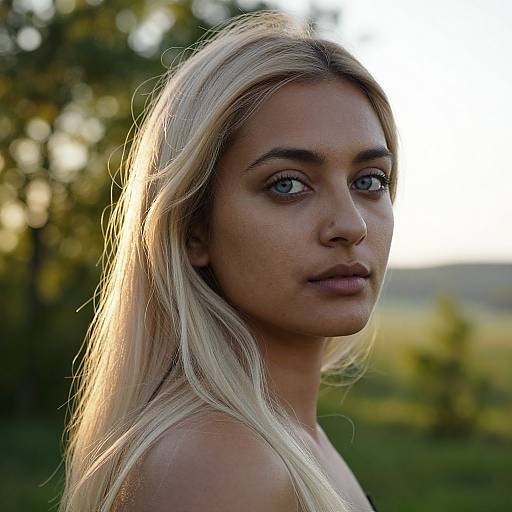 Photograph of a young blonde woman with light skin, blue eyes, and freckles, standing outdoors in soft, natural light. Background features blurred