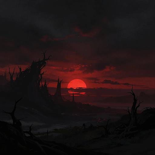 Dark, ominous sunset with a vivid red sun partially obscured by black, silhouetted, twisted trees and clouds, creating a dramatic, eerie landscape