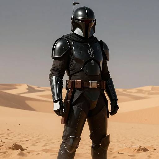 Photograph of a black-armored Mandalorian standing in a sandy desert, wearing a helmet with a visor, under a clear blue sky.