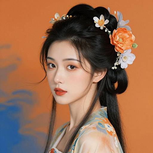 Photograph of an Asian woman with long black hair, adorned with orange and white flowers, wearing a floral kimono, against a vibrant orange and blue