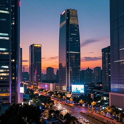 Photograph of a vibrant cityscape at sunset, featuring tall skyscrapers with illuminated windows, colorful sky, busy street with lit cars, and a