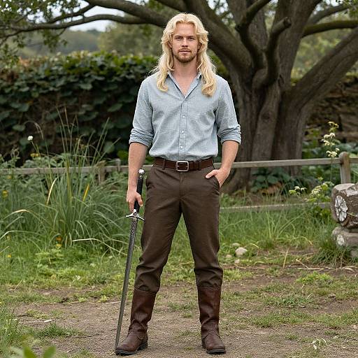 Photograph of a blonde, bearded man with long hair, wearing a light blue shirt, brown pants, and boots, holding a sword, standing