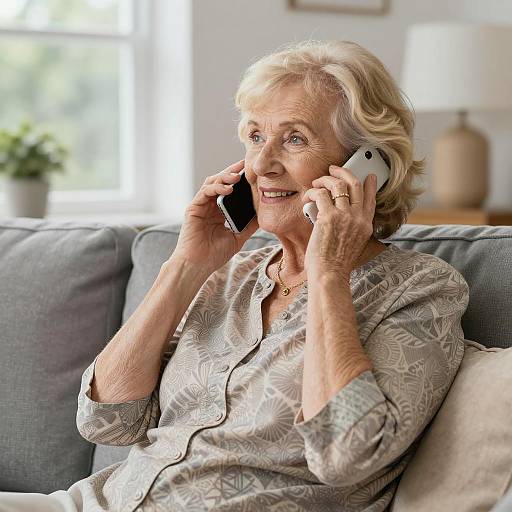 Smiling Elderly Woman on Gray Couch