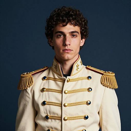 Photograph of a young man with curly dark hair in a white military-style jacket with gold epaulettes and buttons, against a dark blue background