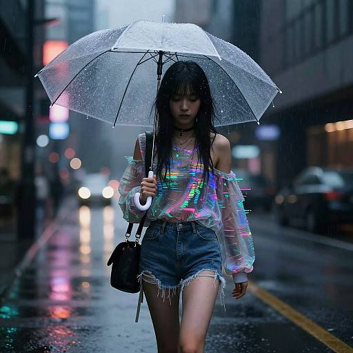 Photograph of an East Asian woman with long black hair, wearing a translucent, off-shoulder rainbow top and frayed denim shorts, holding a