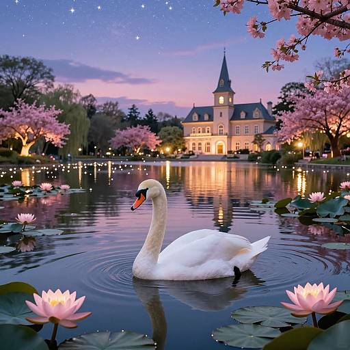 Digital painting of a serene twilight scene featuring a white swan gliding on a reflective pond, surrounded by pink lotus flowers and a lit, elegant