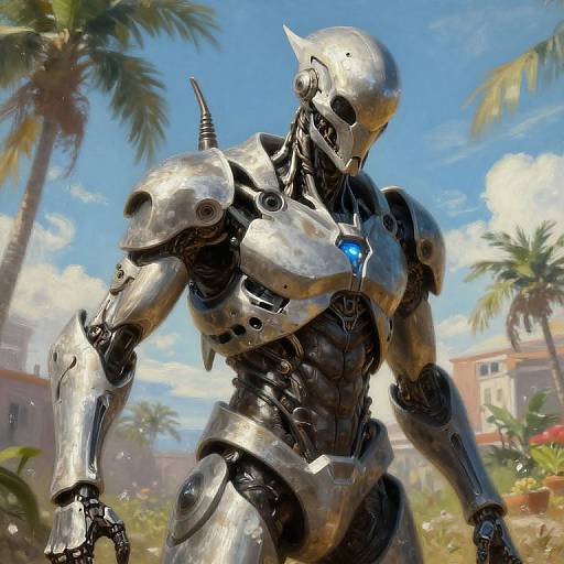 Digital artwork of a futuristic, silver robotic warrior with glowing blue eyes and horn, standing in a sunny, tropical palm tree village.