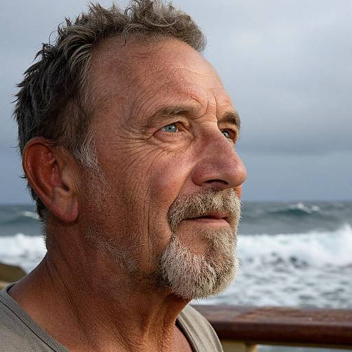 Photograph of a middle-aged man with gray hair and beard, gazing at ocean waves under a cloudy sky. Wearing a gray shirt, his