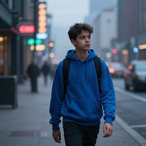 Introspective Boy on Neon City Street