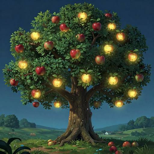 Digital illustration of a magical apple tree under a night sky, glowing yellow apples among red ones, set in a lush, rolling countryside.