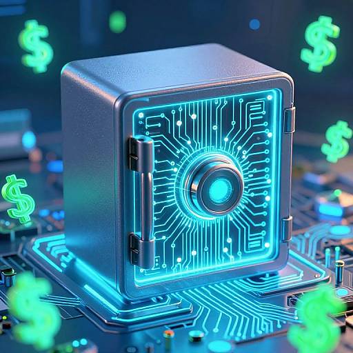 CGI image of a futuristic, glowing blue circuit box with neon dollar signs and circuit patterns, set against a dark, tech-filled background.