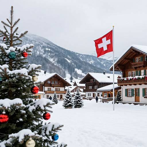 Snowy Christmas Glade with Swiss Flag