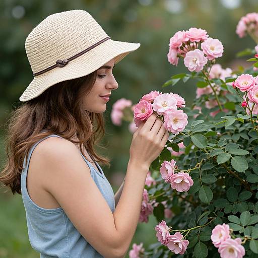 Photograph of a woman with wavy brown hair, wearing a straw hat and light blue tank top, gently smelling pink roses in a lush garden.