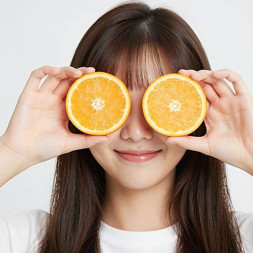 Photograph of an Asian woman with straight dark hair, wearing a white shirt, holding two orange slices in front of her eyes, smiling. White background