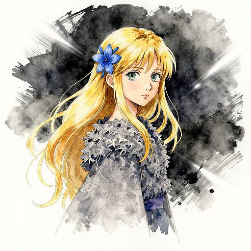 Digital anime drawing of a blonde girl with blue flower hairpin, wearing a frilled gray dress, set against a black watercolor background.