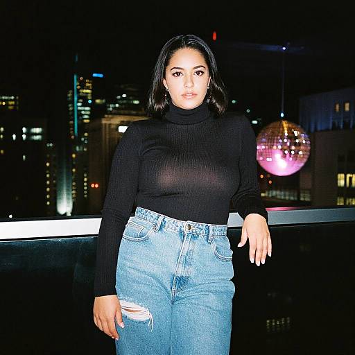 Photograph of a curvy woman with medium skin tone, black turtleneck, ripped high-waisted jeans, standing on a nighttime city balcony