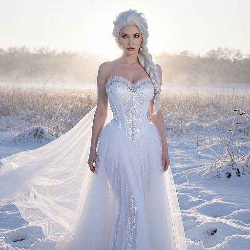 Photograph of a white-haired woman in a sparkling, strapless white wedding gown with a long veil, standing in a snowy field at sunset.