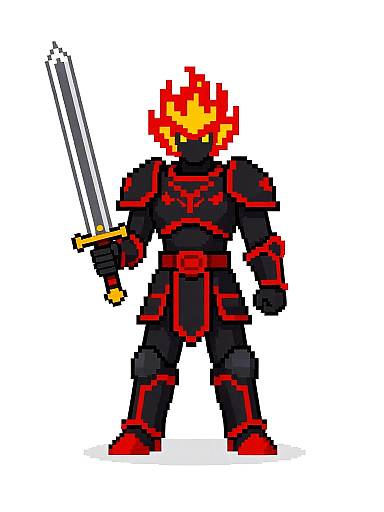 Pixel art of a fiery-headed armored warrior holding a sword, in red and black, with a white background.