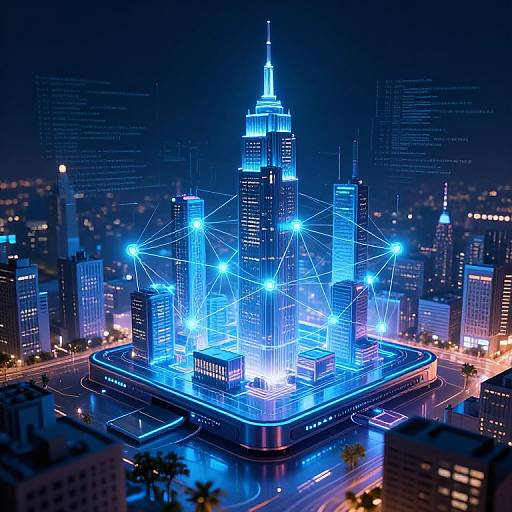 Digital artwork of a glowing blue geometric structure on a rooftop, illuminated against a dark, neon-lit cityscape at night.
