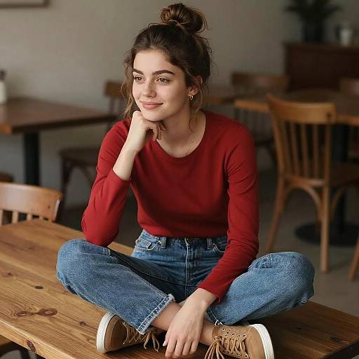 Young Woman Sitting on Wooden Table