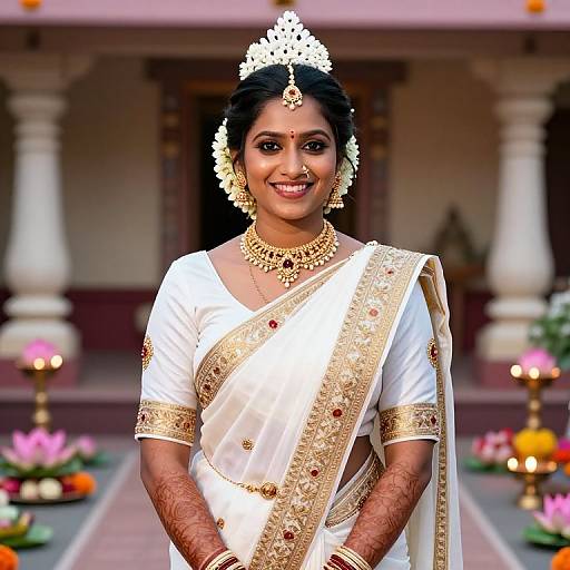 Photograph of a smiling South Asian bride in white sari with gold embroidery, traditional jewelry, and floral headpiece, standing in front of a decorated