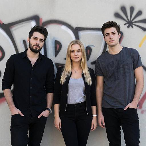 Three Young Adults Standing by Graffiti Wall