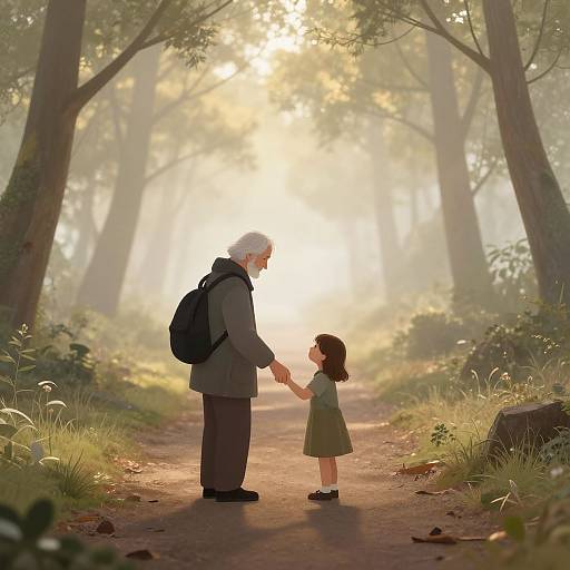 Digital illustration of an elderly man with white hair and a backpack holding hands with a young girl in a green dress on a sunlit forest path.