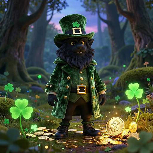 Photorealistic digital artwork of a black, furry leprechaun in a green coat, hat, and pants, standing in a magical forest with