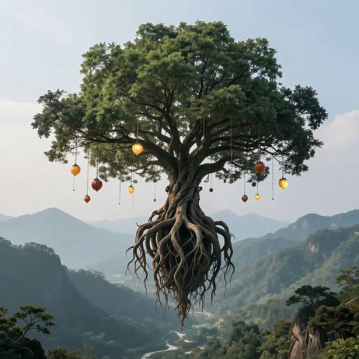 Floating Colossal Tree with Luminous Fruits