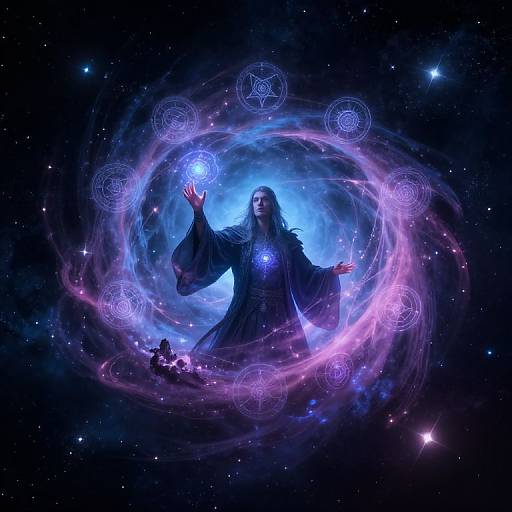 Digital art of a mystical figure with glowing blue orb, surrounded by swirling purple and blue energy, with magical symbols and stars in a dark, cosmic background