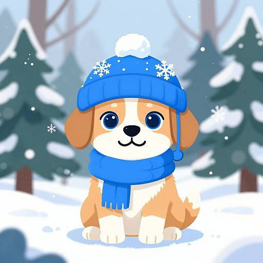 Cute cartoon beagle with blue hat and scarf, sitting in snowy forest. Bright colors, large blue eyes, white and orange fur. Digital art