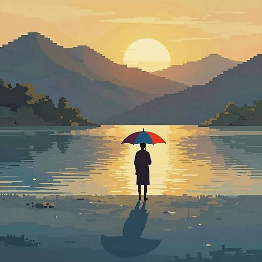 Solitary Figure Under Umbrella at Sunset