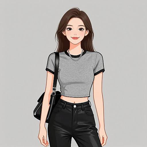 Digital anime-style drawing of a smiling young woman with long brown hair, wearing a gray crop top, black pants, necklace, and black shoulder bag.