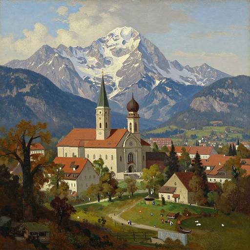 Painting of a quaint village with a church featuring a green spire and red roof, surrounded by snowy mountains and scattered houses.