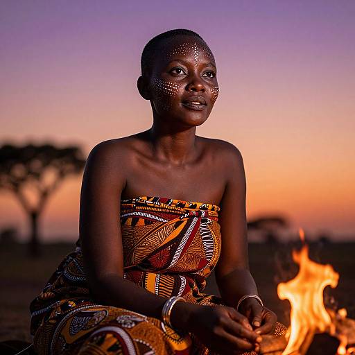 Photograph of a dark-skinned African woman with beaded facial patterns, wearing an orange and black patterned dress, seated by a campfire at
