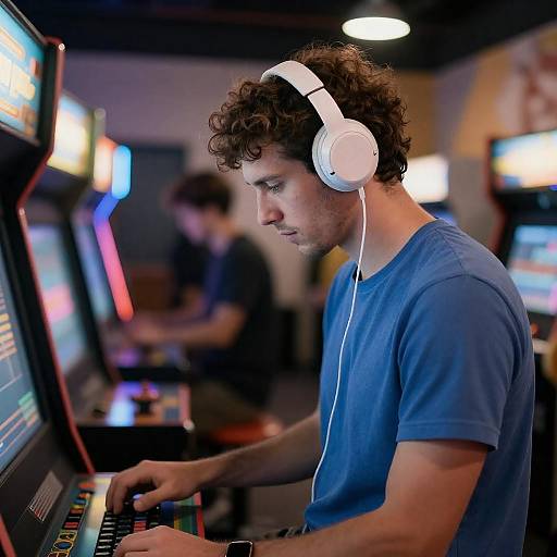 Focused Gamer in Neon Arcade Scene