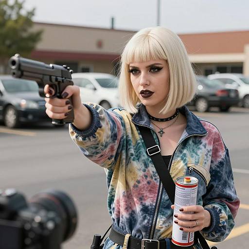 Woman Pointing Gun in Parking Lot