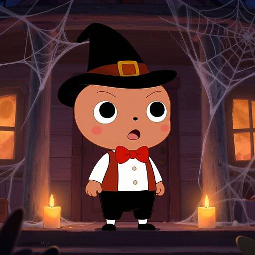 Cartoon Halloween scene: chubby, wide-eyed child in witch hat, red bowtie, white shirt, and black pants, stands before spooky house with