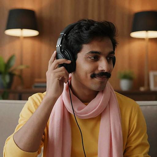 Man in Cozy Room with Headphones