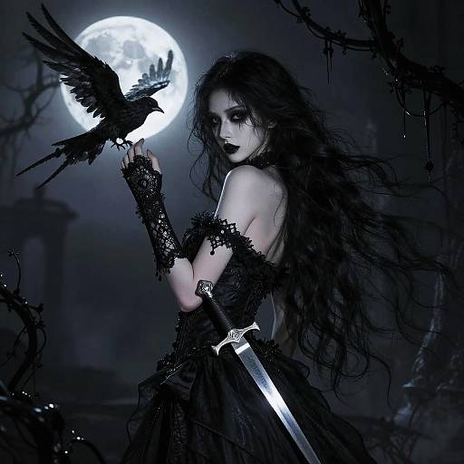 Gothic Woman with Raven and Full Moon