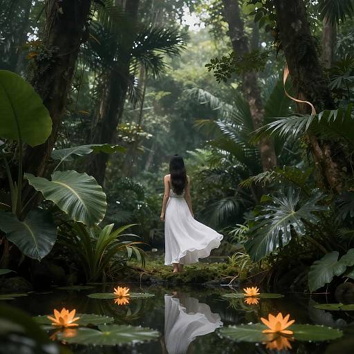 Woman in Flowing White Dress in Jungle