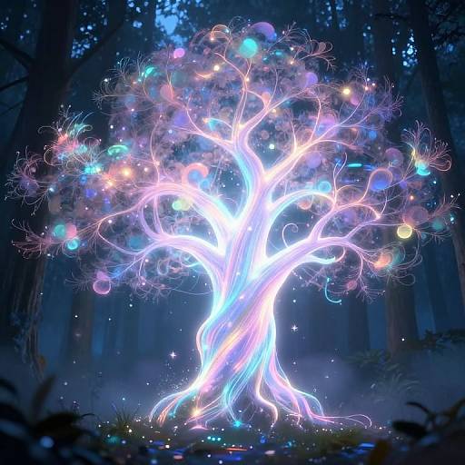 Digital art of a glowing, ethereal tree with neon blue and pink light branches, surrounded by colorful orbs and floating lights in a dark, enchanted forest