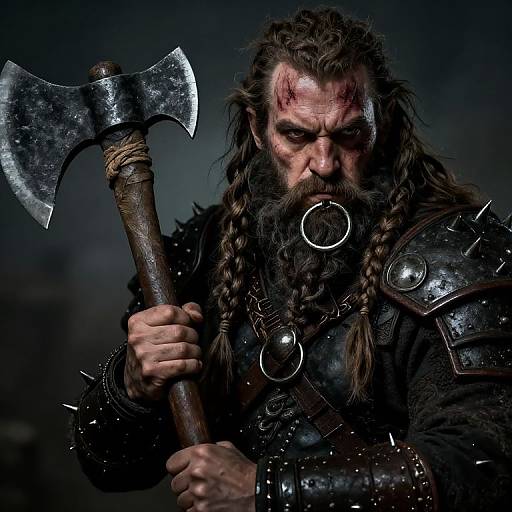 Photograph of a fierce, bearded Viking warrior with braided hair, blood on his face, holding a large, double-edged axe, wearing