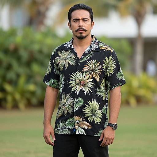 Photograph of a man with short dark hair, light brown skin, and a trimmed beard, wearing a black Hawaiian shirt with palm leaf patterns and black