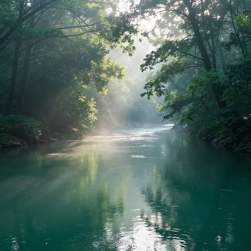 Photograph of a serene, misty forest stream with sunlight piercing through dense green foliage, creating ethereal beams and reflections on the calm, teal water
