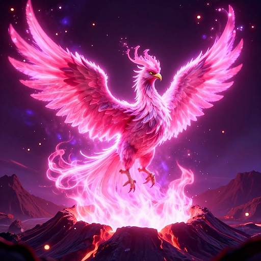 Digital art of a glowing pink phoenix with fiery wings, standing on a volcano, against a dark, starry sky.