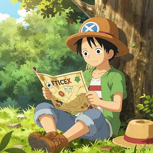 Young Anime Explorer Reading Treasure Map