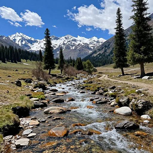 Photograph of a vibrant mountain landscape with a clear, rocky stream flowing through a grassy meadow, surrounded by tall pine trees and snow-capped