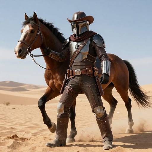 Photorealistic image of a knight in medieval armor and helmet, standing in a desert with a dark brown horse beside him.