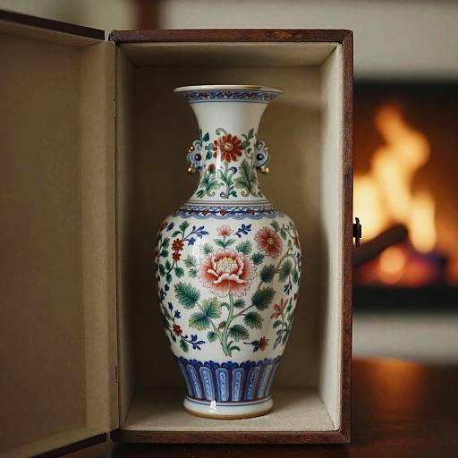 Photograph of an ornate, floral-patterned porcelain vase with blue accents, displayed in an open wooden box, with a warmly lit fireplace in the